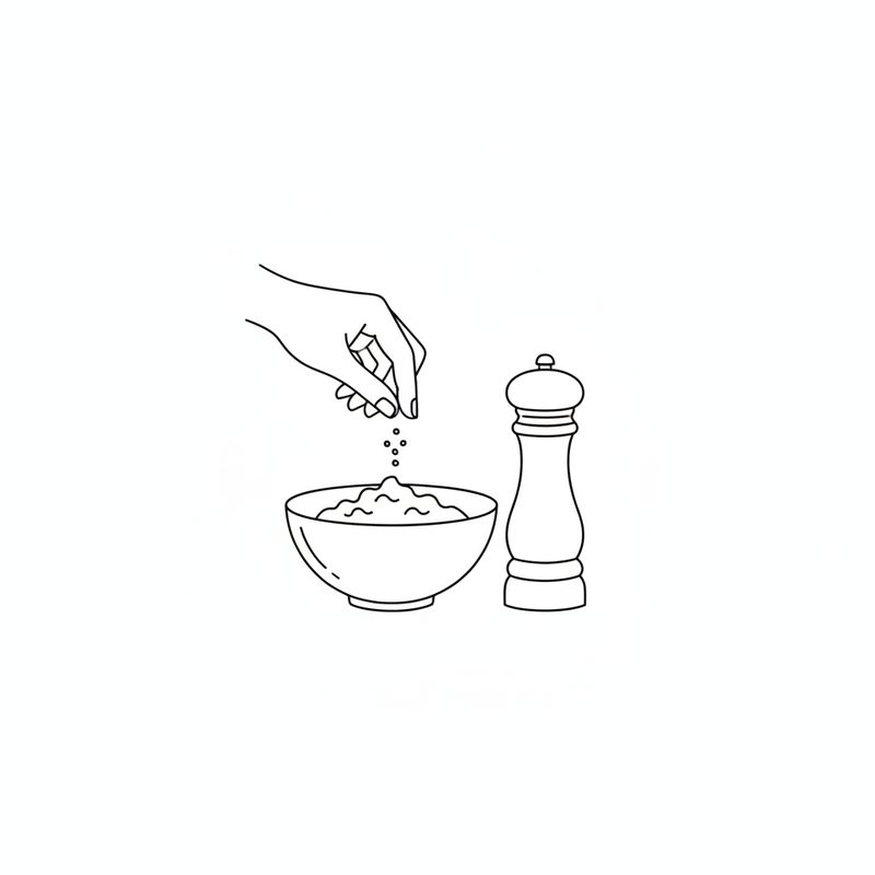 Line drawing of fingers sprinkling a pinch of salt over a bowl of whisked egg whites, a pepper mill standing beside the bowl