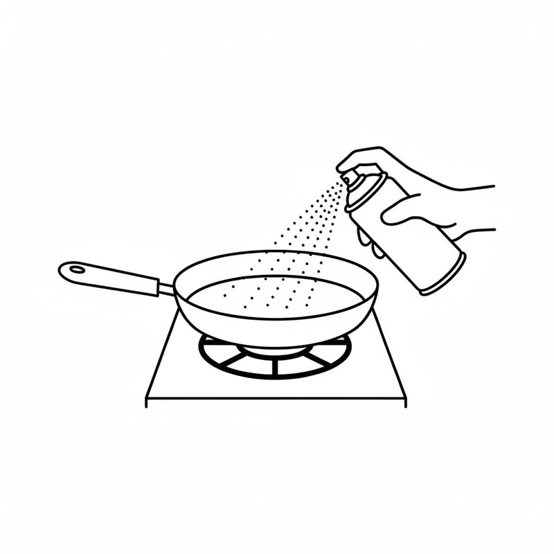 Line drawing of a hand spraying a fine mist of oil from an unlabelled can into an empty frying pan on a stovetop burner