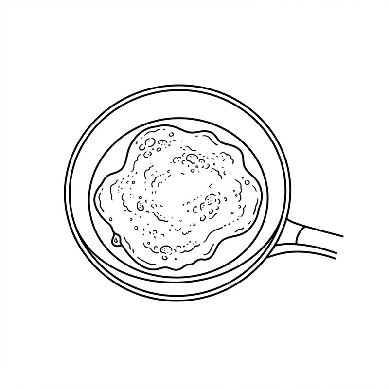 Line drawing from above of frothy egg whites spread in a frying pan, bubbles across the surface and the edges just setting