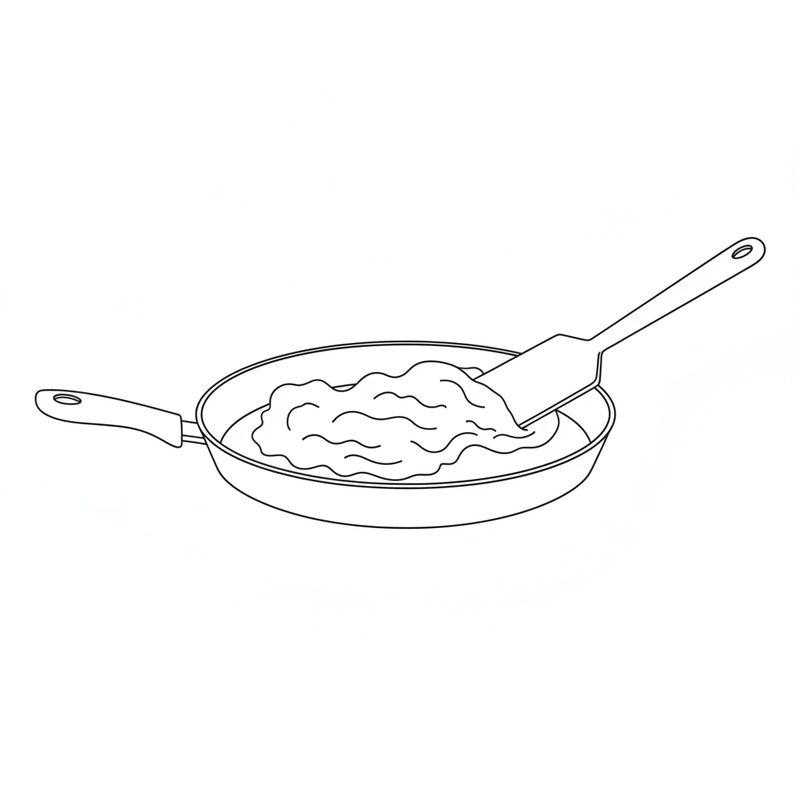 Line drawing of a flat spatula folding egg whites into loose soft curds in a frying pan