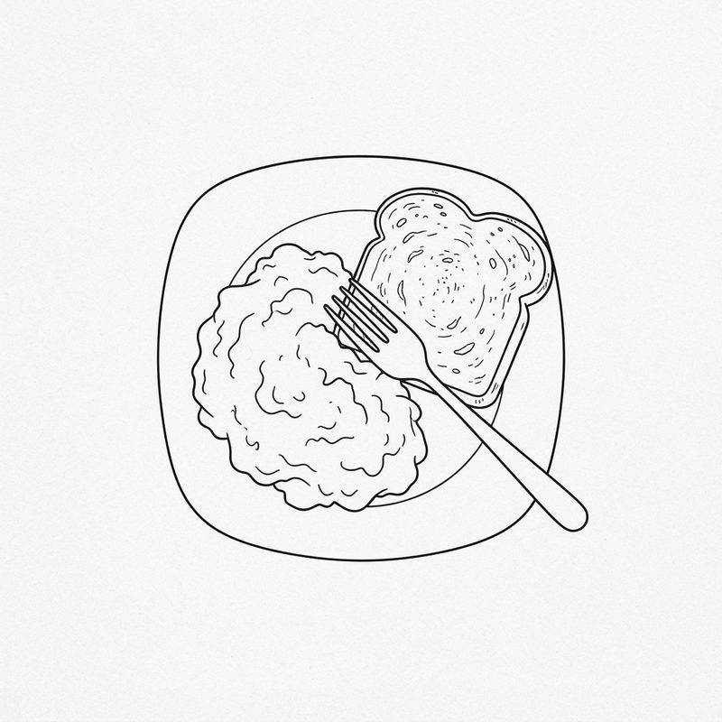 Line drawing of a mound of scrambled egg whites on a plate beside a slice of toast, a fork resting across the plate