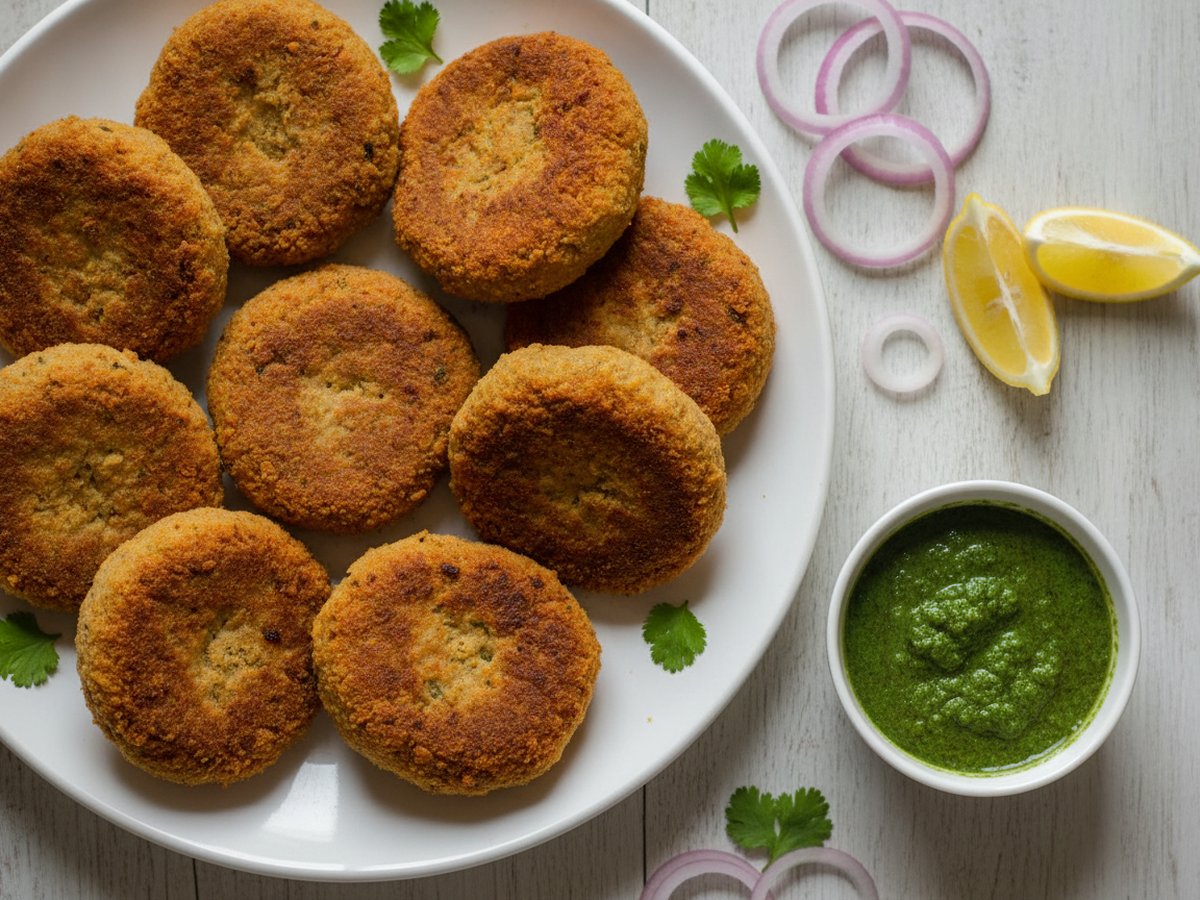 Nine round golden-brown shami kababs on a white plate seen from above, with raw red onion rings, two lemon wedges and a small bowl of green chutney on a pale wooden table