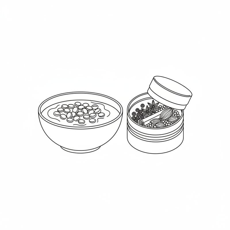 Line drawing of a bowl of soaking split lentils in water beside a small pot of whole spices with cinnamon sticks, peppercorns and cardamom pods