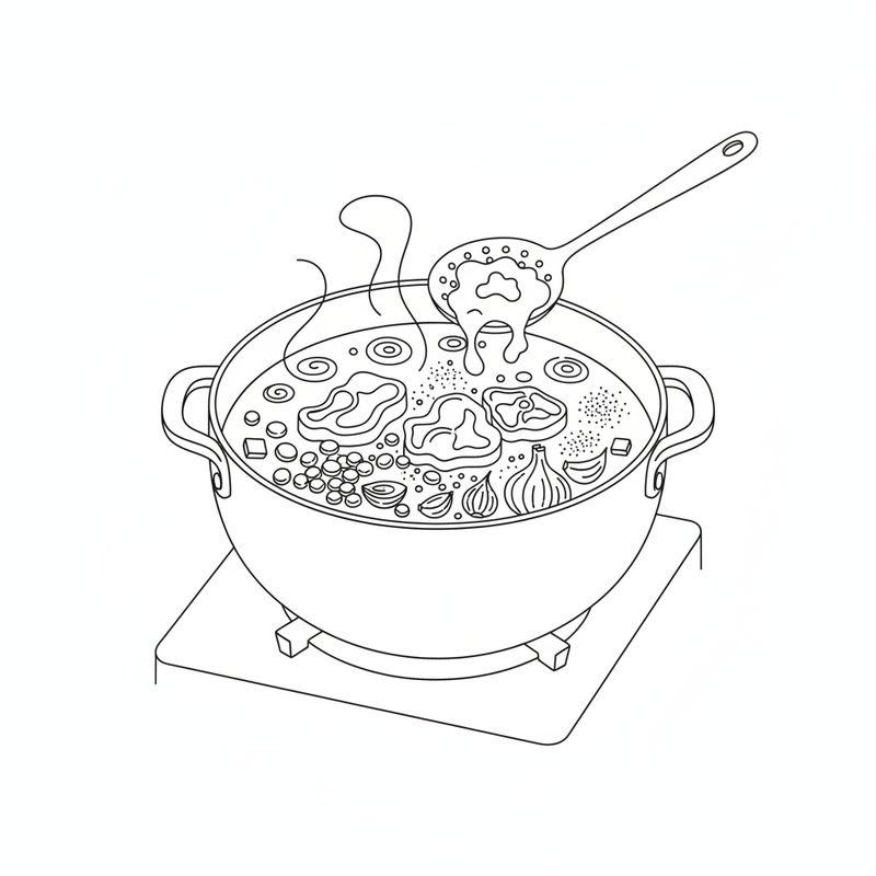 Line drawing of a large pot on a gas stove with cubes of beef, garlic cloves and spices boiling, and a hand skimming foam with a slotted spoon