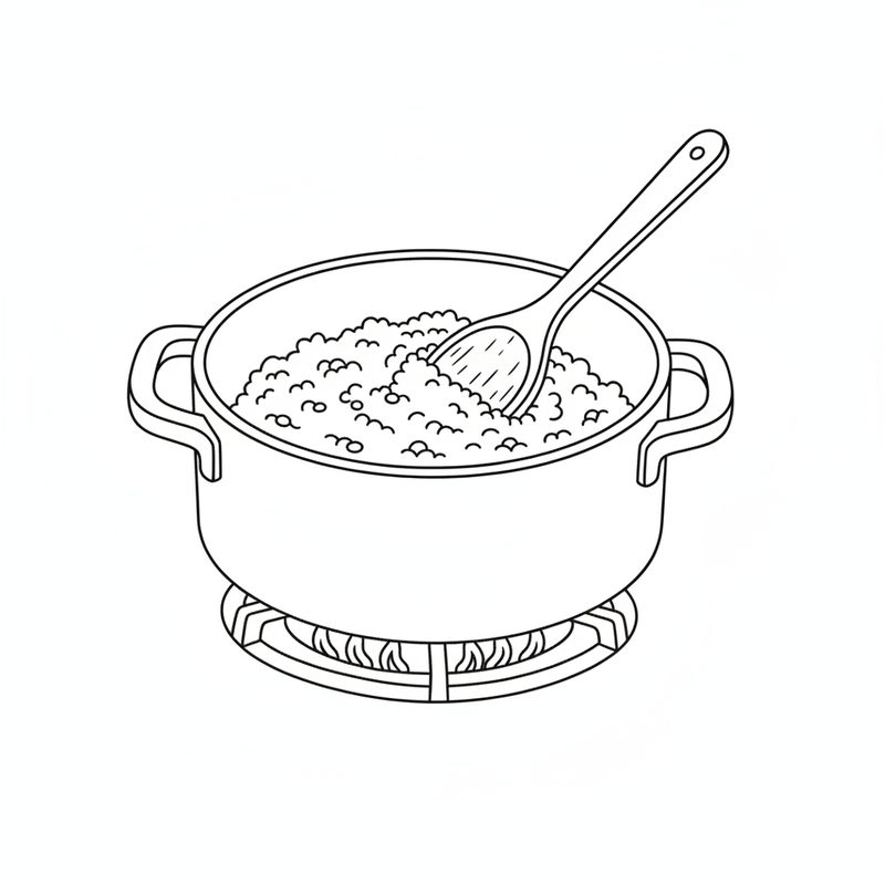 Line drawing of a two-handled pot on a gas flame holding a thick, dry crumbly mixture being stirred with a wooden spoon