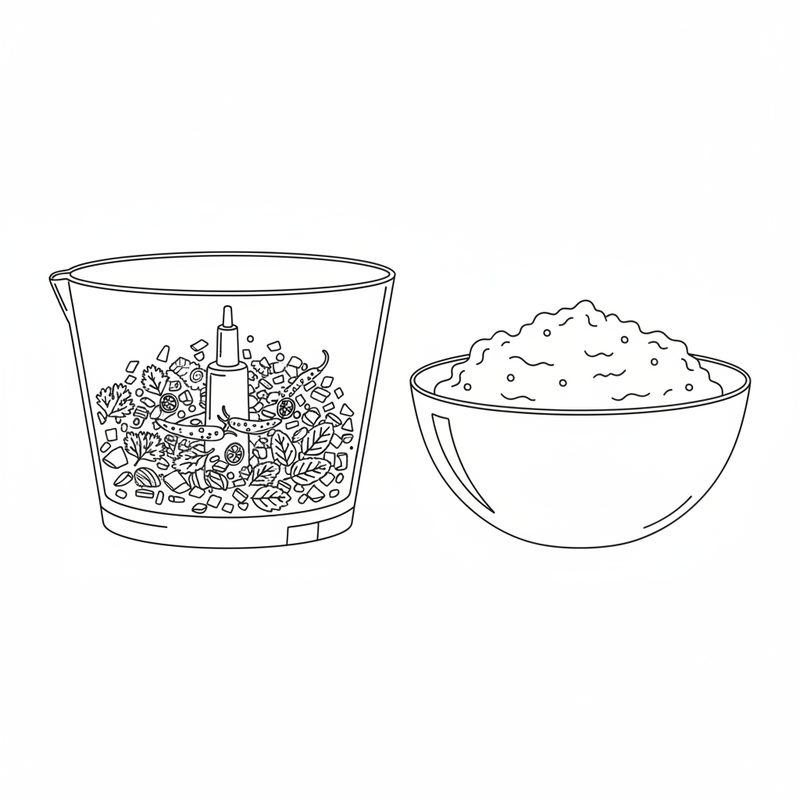 Line drawing of a food processor holding chopped onion and herb leaves beside a bowl of mashed meat mixture with a spoon