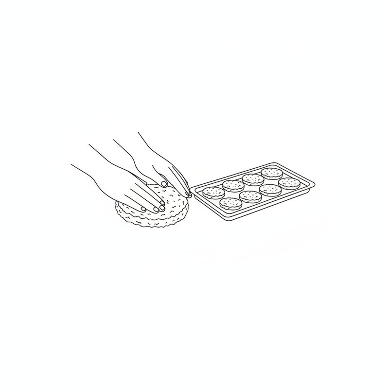 Line drawing of two hands pressing the mixture into a flat round patty beside a tray of eight shaped round patties