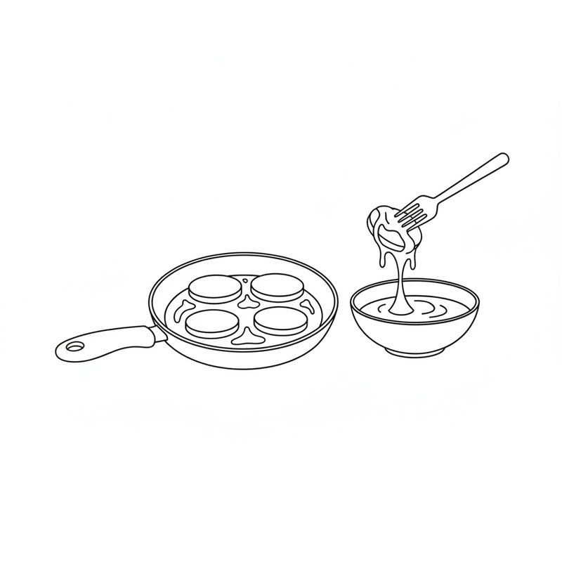 Line drawing of four round patties frying in a pan, beside a bowl of beaten egg with a fork lifting a patty out of it