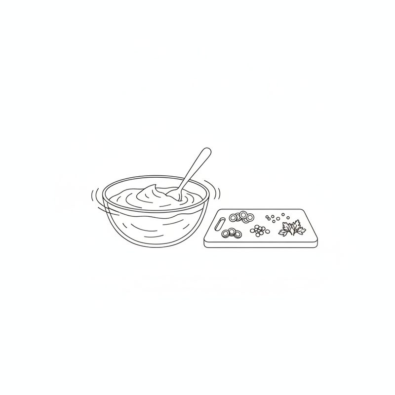 Line drawing of a glass bowl of creamy sauce being stirred with a spoon, beside a cutting board with sliced cornichons, capers and a sprig of parsley