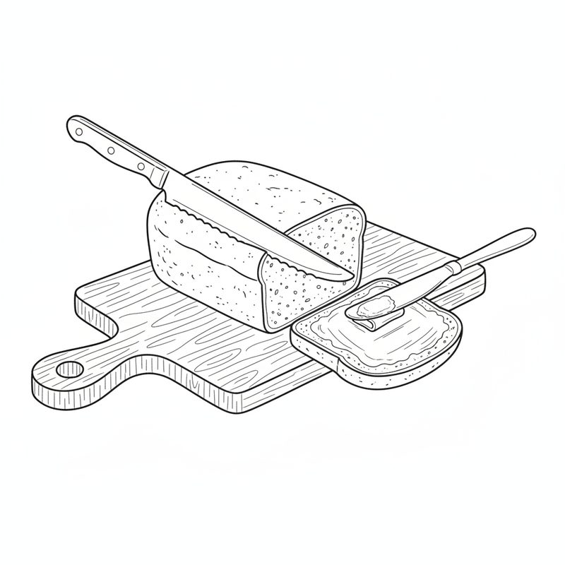 Line drawing of a bread knife slicing a rye loaf on a wooden board while a butter knife spreads butter on a cut slice