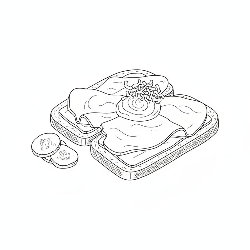 Line drawing of two slices of rye bread with folded slices of roast beef, a swirl of sauce and crispy onions on top, and pickle slices beside them