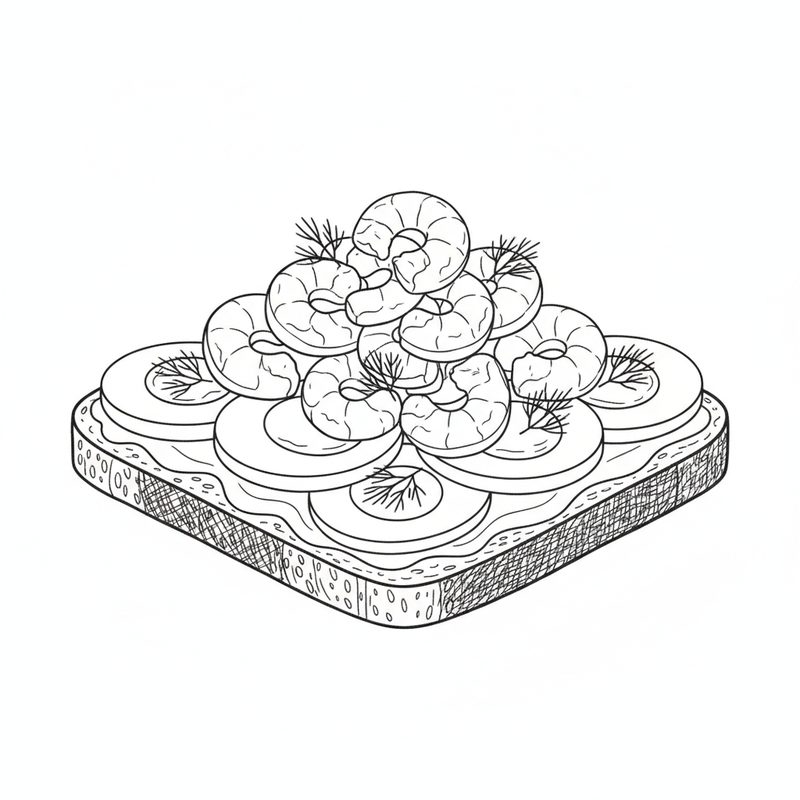 Line drawing of a slice of rye bread covered with overlapping egg slices and a heap of small prawns with sprigs of dill