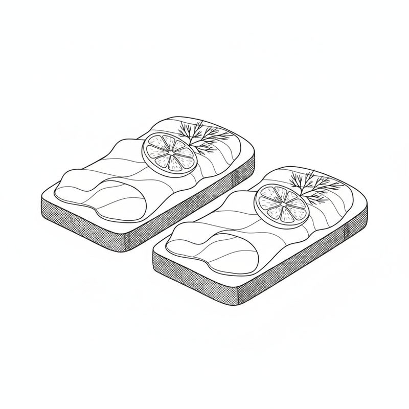 Line drawing of two slices of rye bread draped with folds of smoked salmon, each with a lemon slice and a sprig of dill