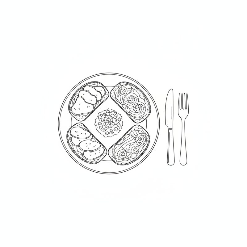 Line drawing of a round plate with four open sandwiches on rye around a small mound of prawns, with a knife and fork beside the plate