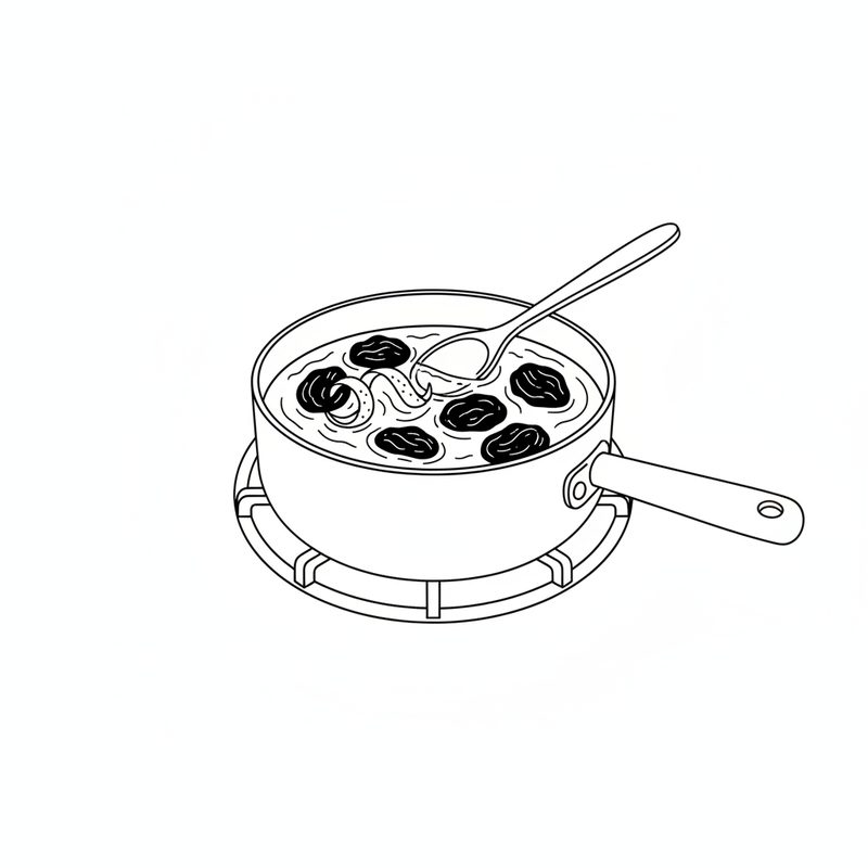 Line drawing of a saucepan on a stove ring holding whole prunes in liquid with a curl of lemon zest, a spoon resting in it