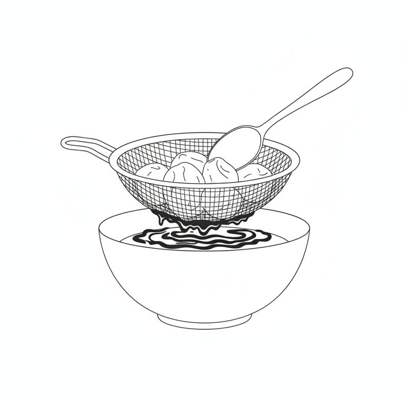 Line drawing of a spoon pressing soft fruit through a mesh sieve, dark puree dripping into a bowl below