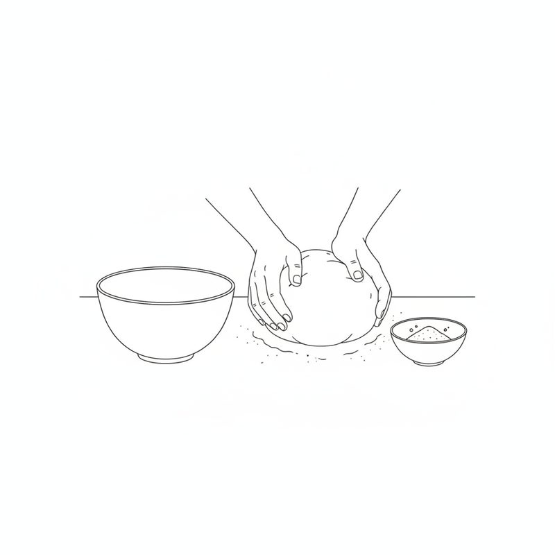 Line drawing of two hands kneading a round ball of dough on a counter, an empty bowl to the left and a small dish of spice to the right