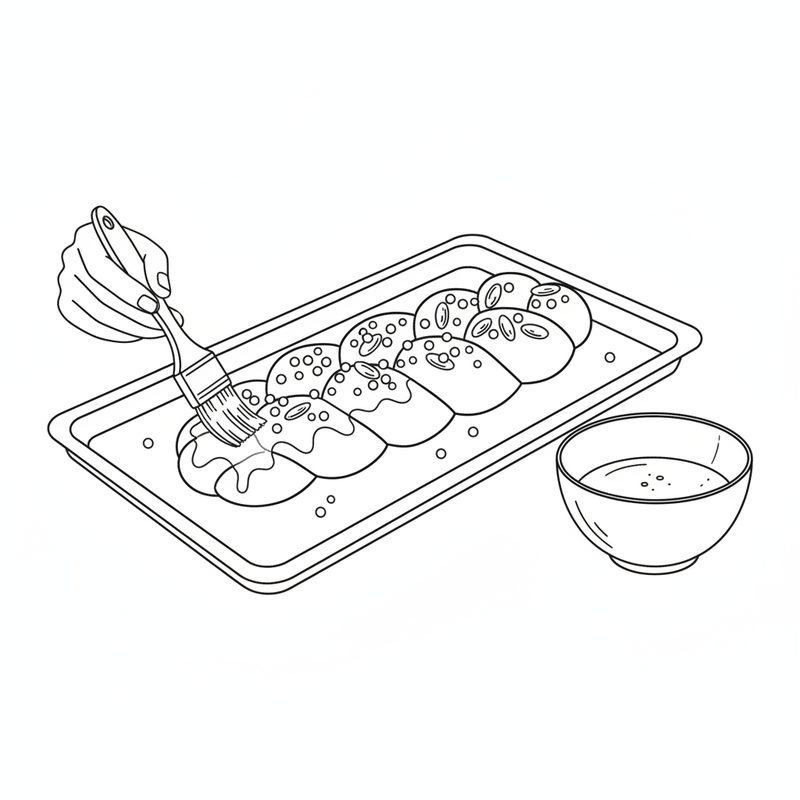 Line drawing of a hand brushing egg over a braided pastry bar dotted with sugar and nuts on a baking tray, a bowl of beaten egg beside it