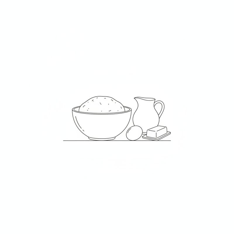 Line drawing of a mixing bowl holding a round ball of dough, with a jug of milk, an egg and a block of butter beside it