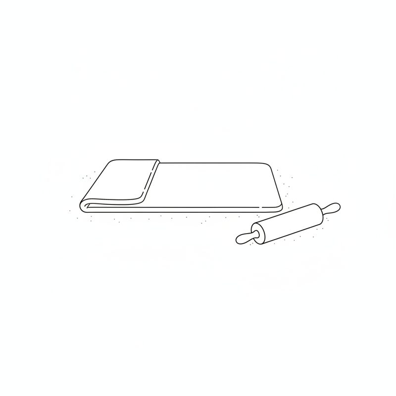 Line drawing of a long sheet of pastry dough folded over on itself at one end, with a rolling pin beside it