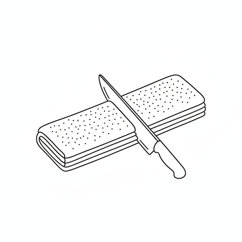 Line drawing of a flat, three-layered strip of pastry dotted with poppy seeds being cut across with a large knife