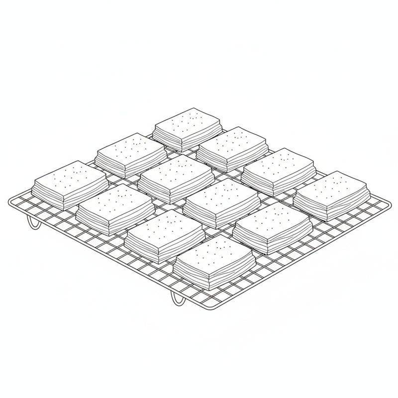 Line drawing of twelve flat, layered rectangular pastries dotted with poppy seeds on a wire cooling rack