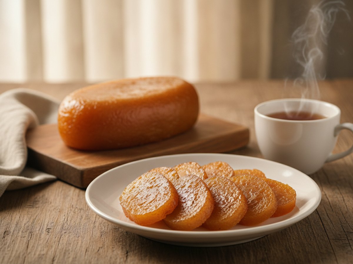 Realistic photo of homemade tikoy: a whole oval amber rice cake on a wooden board and a white plate of golden pan-fried tikoy slices, with a steaming cup of tea on a wooden table