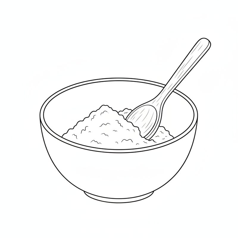 Line drawing of a round mixing bowl holding a heap of powdery dry mix, with a spoon stirring it