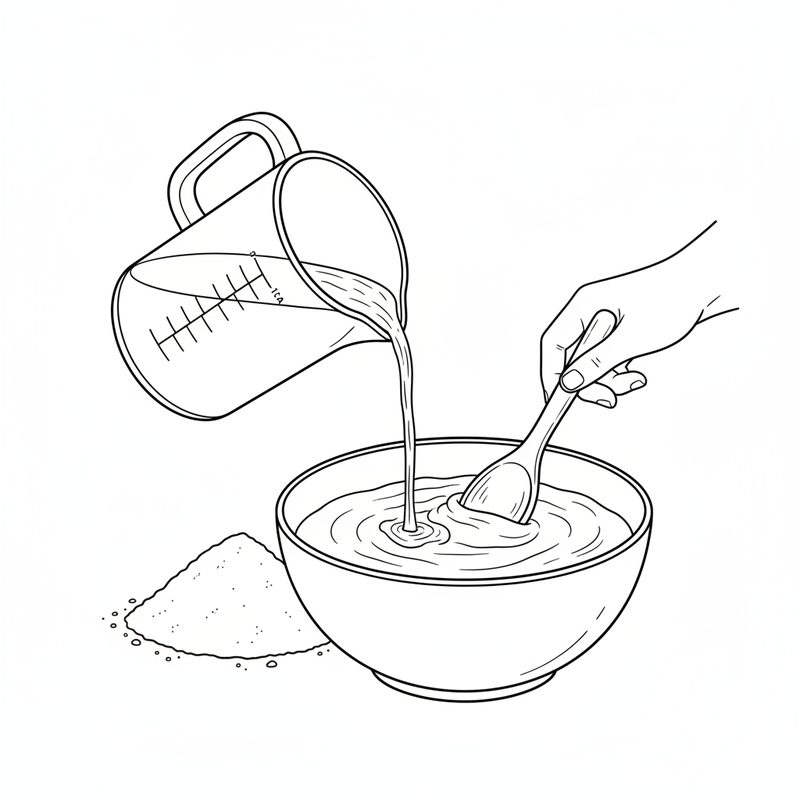 Line drawing of a jug pouring water into a bowl of smooth batter while a hand stirs it with a wooden spoon