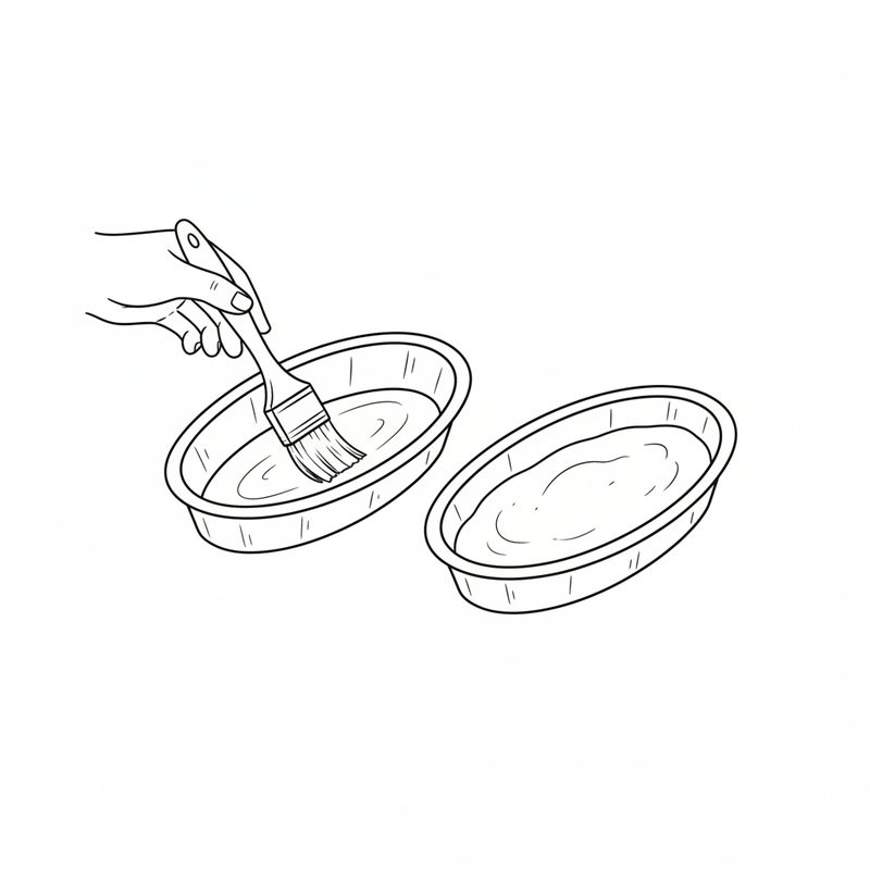 Line drawing of a hand brushing oil inside an oval metal mould, with a second empty oval mould beside it
