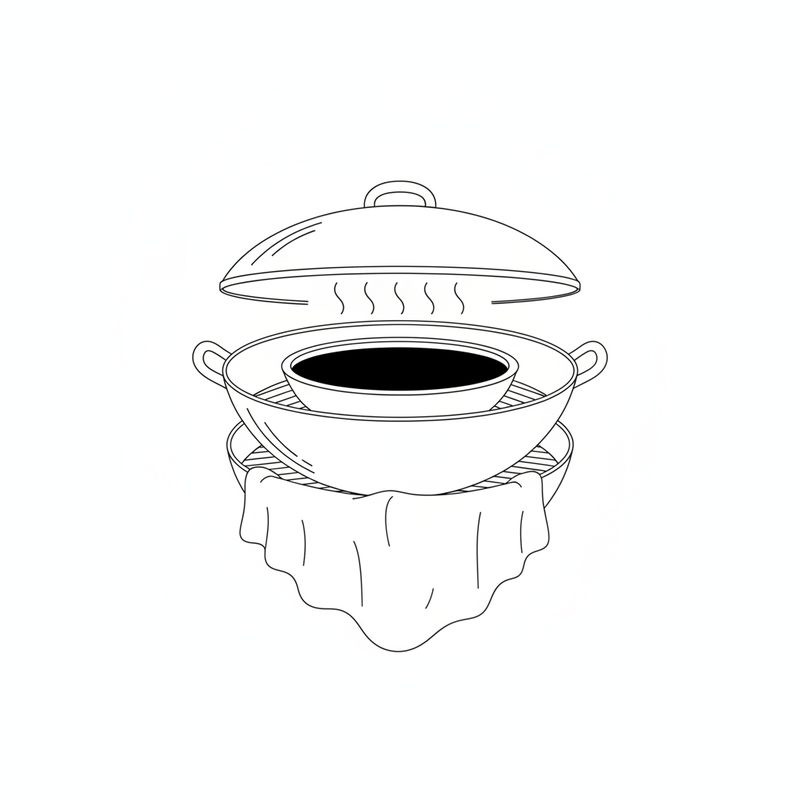 Line drawing of a round pan sitting on the rack inside a steamer, the lid lifted, steam rising and a cloth hanging over the side