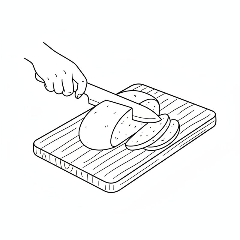 Line drawing of a knife cutting thin round slices from a firm cake on a chopping board