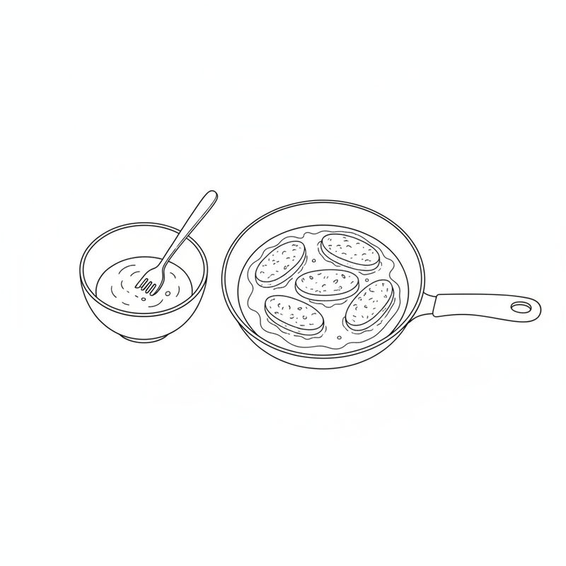 Line drawing from above of seven round slices frying in oil in a frying pan, a bowl of beaten egg beside it