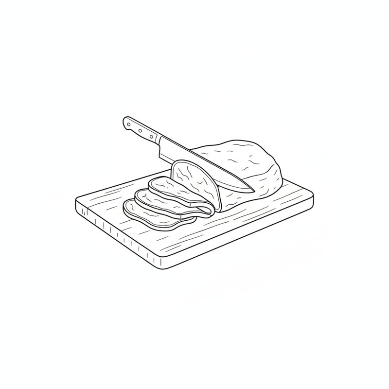 Line drawing of a knife cutting a piece of beef into slices on a wooden board