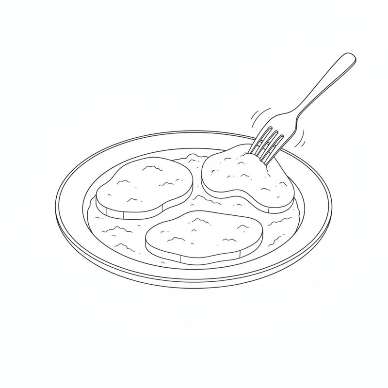Line drawing of three floured beef slices on a plate of flour, one being turned with a fork
