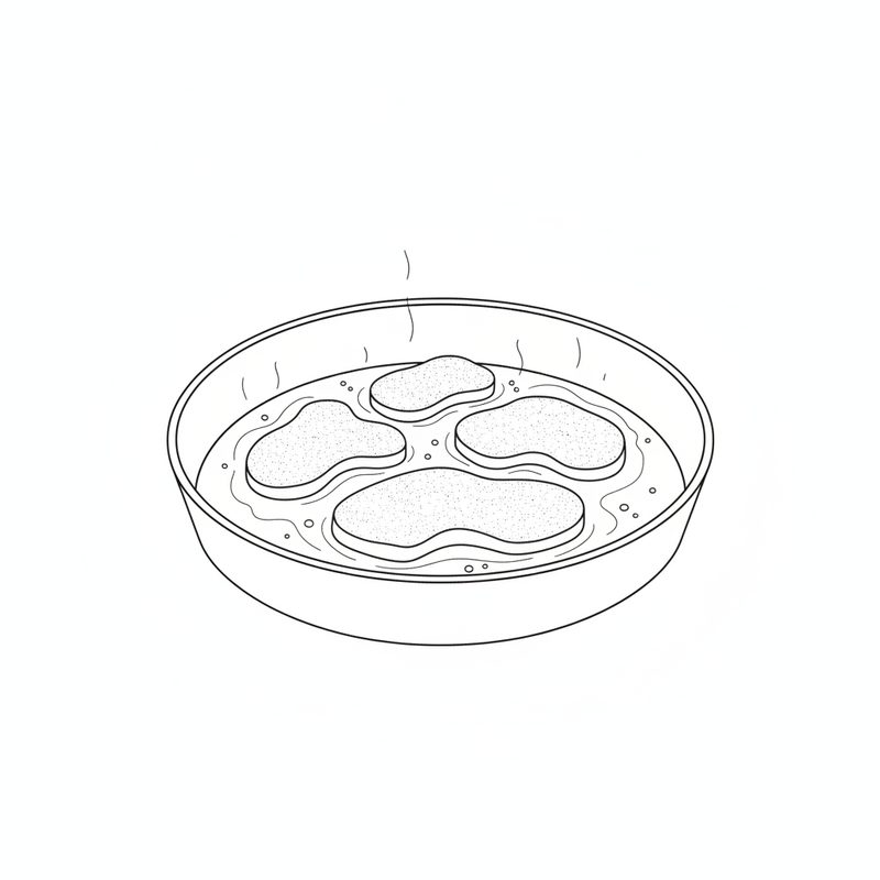 Line drawing of four floured beef slices frying in fat in a wide pan