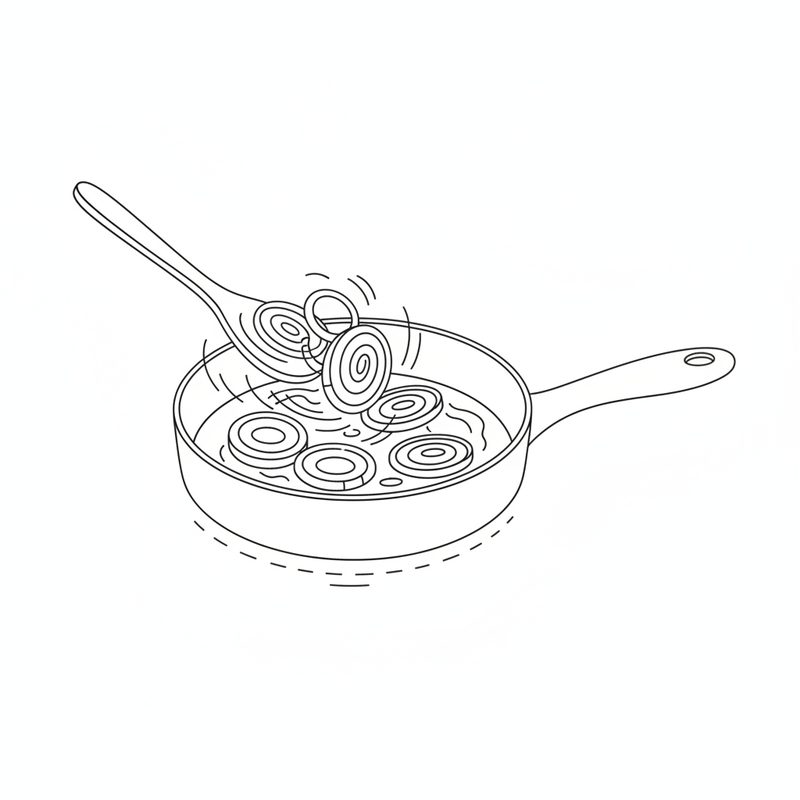 Line drawing of onion rings being stirred with a wooden spoon in a frying pan