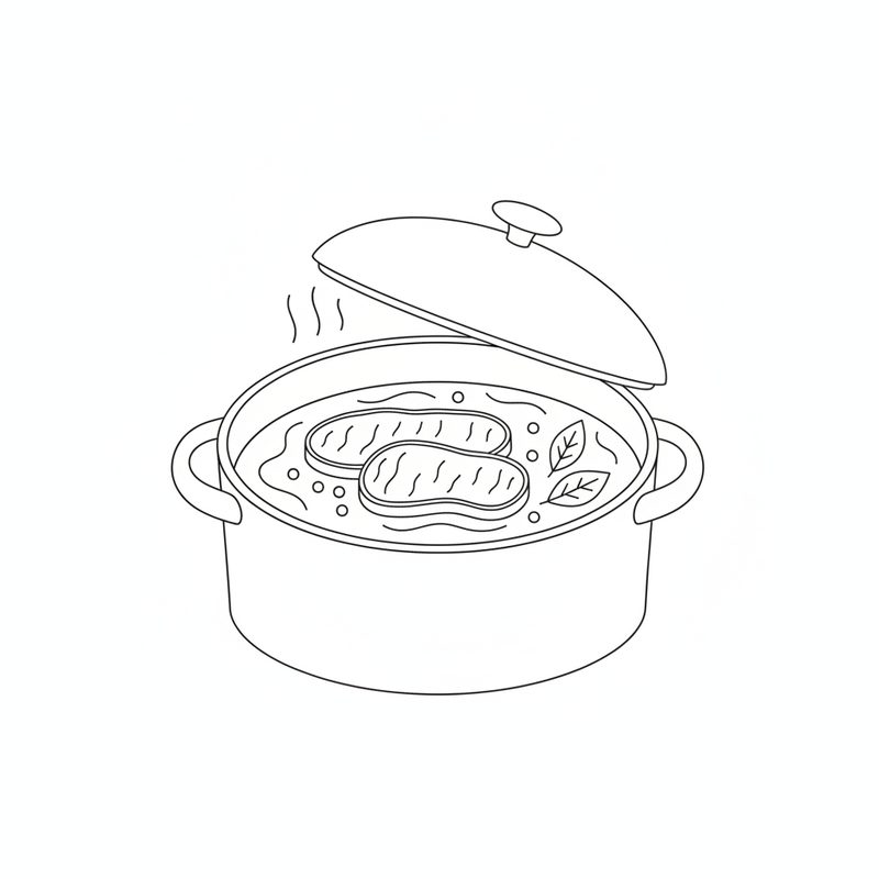 Line drawing of two beef slices simmering in liquid with bay leaves and peppercorns in a pot with the lid lifted
