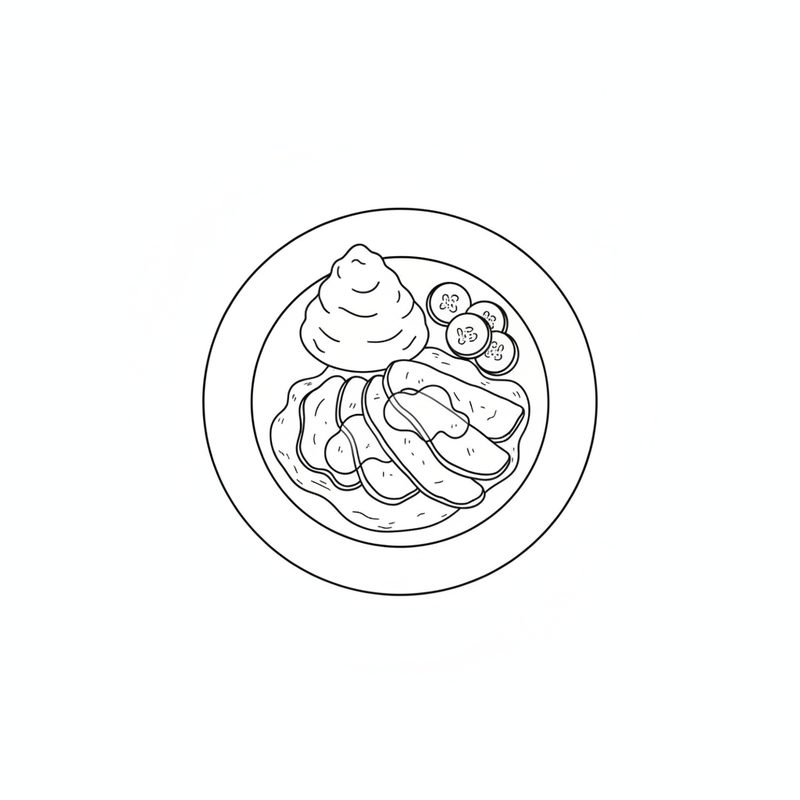 Line drawing of a plate of sliced braised beef in gravy with a mound of mashed potato and cucumber slices