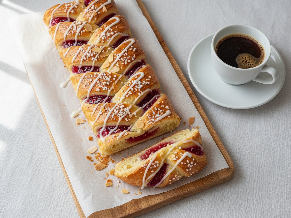 A golden Danish pastry braid with raspberry jam showing between criss-crossed strips, topped with pearl sugar, sliced almonds and thin white icing, one slice cut off, on baking paper on a wooden board beside a cup of black coffee