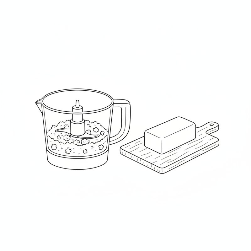 Line drawing of a food processor bowl holding flour with lumps of butter, a block of butter on a wooden board beside it