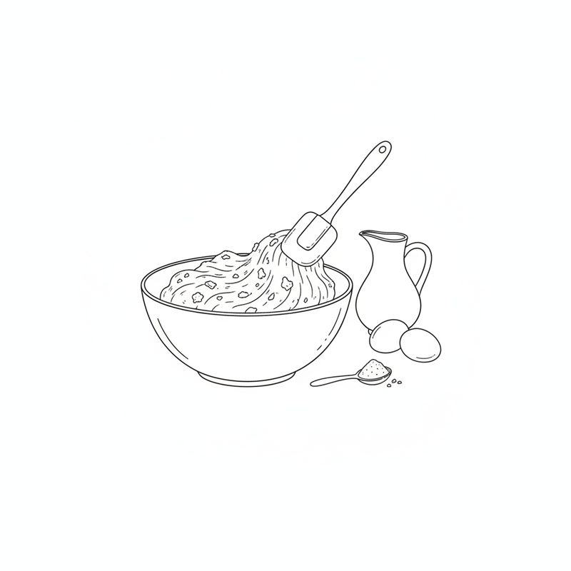 Line drawing of a mixing bowl of shaggy dough being folded with a spatula, a jug, two eggs and a spoon of ground spice beside it
