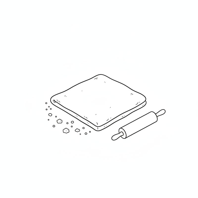 Line drawing of a folded square of pastry dough on a floured counter with a rolling pin beside it