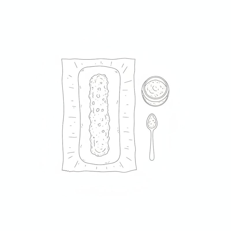 Line drawing of a rectangle of rolled dough on baking paper with a thick stripe of filling down the middle, a jar and a spoon beside it