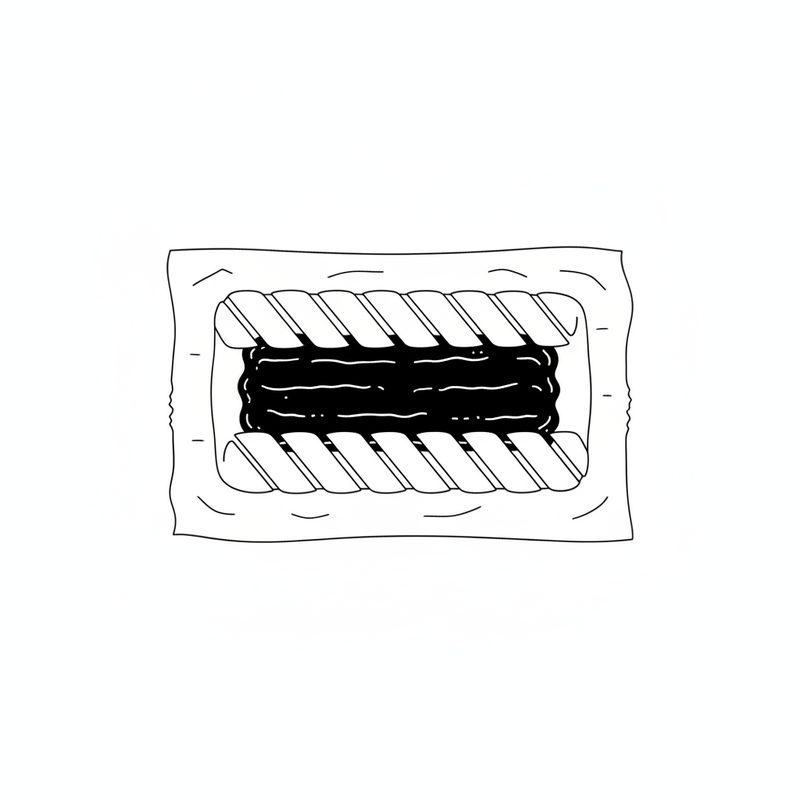 Line drawing of a rectangle of dough on baking paper with a dark stripe of jam down the centre and slanting strips cut along both sides