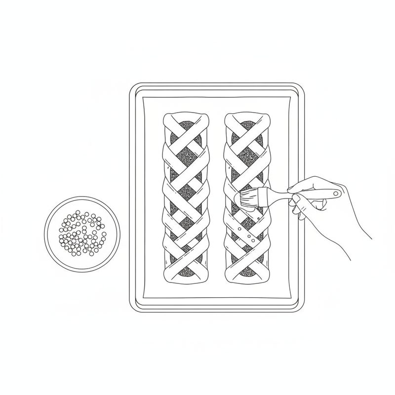 Line drawing of two long pastry braids with crossed strips on a lined baking tray, one being brushed with egg, a bowl of pearl sugar beside the tray