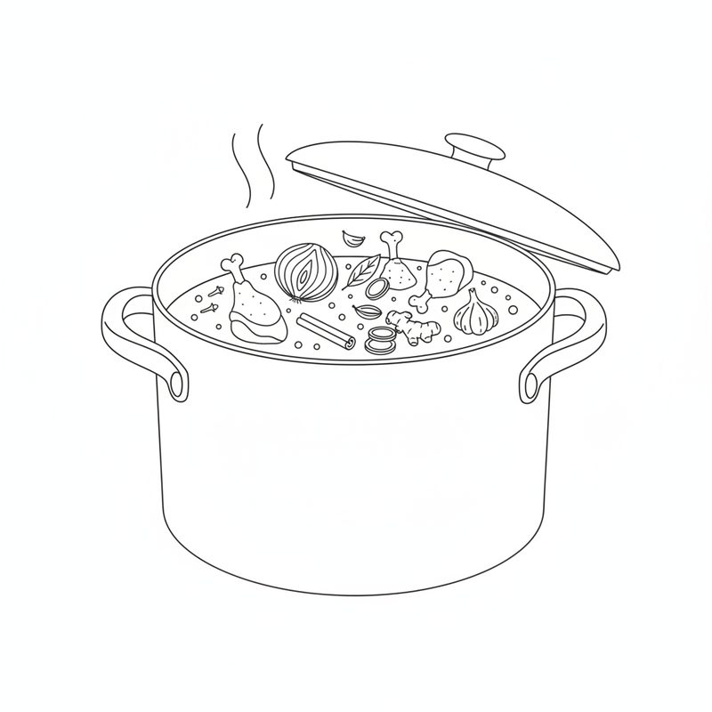 Line drawing of a large stockpot of simmering water holding chicken drumsticks, half an onion, a garlic bulb, ginger, a cinnamon stick, a bay leaf and cloves, its lid tilted open