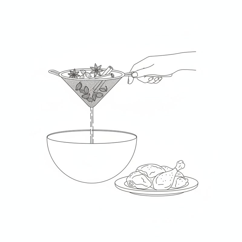 Line drawing of a hand holding a fine mesh sieve of whole spices, including star anise, cardamom and cinnamon, as broth runs into a bowl, cooked chicken pieces on a plate beside it