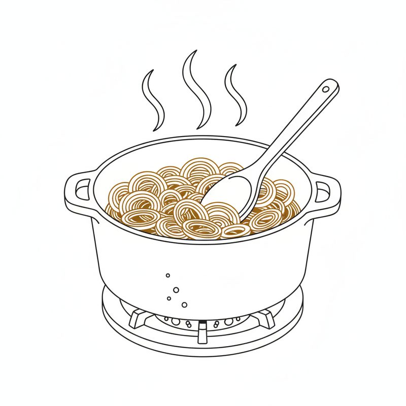 Line drawing of thinly sliced onion rings frying golden brown in a heavy pot on a gas burner, a spoon stirring them