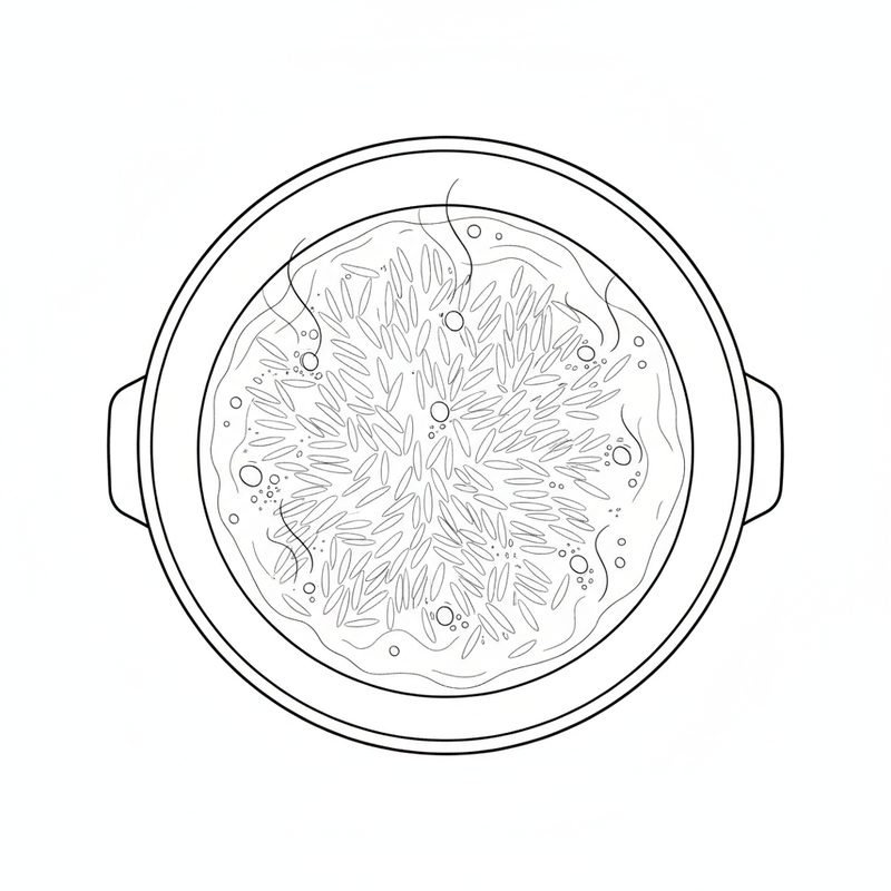 Line drawing from above of basmati grains in a pot of broth, the liquid just at the surface of the rice with small bubbles and steam